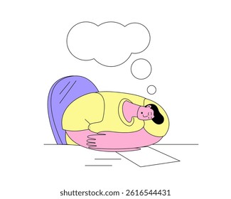 Tired man sleeping at work. Vector illustration in outline style on the theme of workaholism and fatigue.