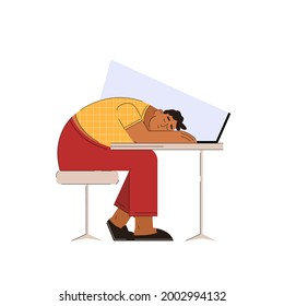 Tired man sleeping at the workplace in trendy flat style. Depressed man at work. Vector illustration