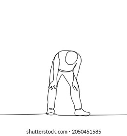 tired man stands bending over, his hands rest on his knees - one line drawing vector. concept of emotional or creative burnout. runner was stops to catch his breath 