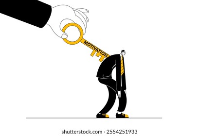 Tired man stands on half-bent legs. Big hand with key winds up character. Vector illustration in outline style on workaholism and fatigue theme.