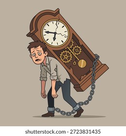 Um homem cansado se esforça para andar enquanto carrega um relógio de avô acorrentado aos tornozelos, simbolizando o fardo do tempo.