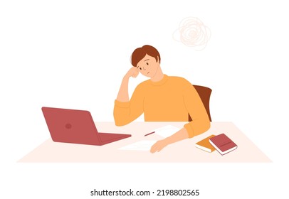 Tired man studying in front of computer. Tangled bundle of thoughts, books and paper with scribbles. Hard learning with a lot of information, preparation for exams, strain, stress. Tired male student.