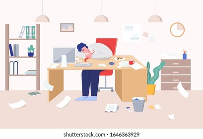 Tired man in suit sleeping on desk at work surrounded by chaos vector flat illustration. Workaholic business male weary in front of computer at modern workplace graphic design