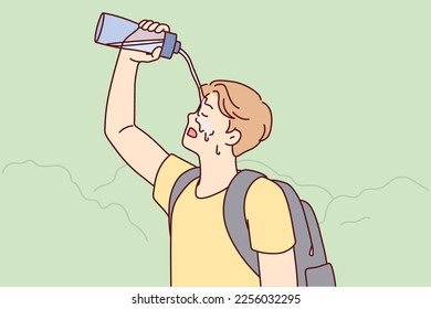 Tired man tourist pouring water on face during long walk in nature in hot weather. Traveler guy with backpack on back exhaustively washes head on go to avoid sunstroke. Flat vector design 