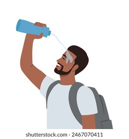 Tired man tourist pouring water on face during long walk in nature in hot weather.