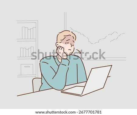 Tired Man Using Laptop at Office Desk, Business Stress Concept, Hand drawn style vector design illustrations.