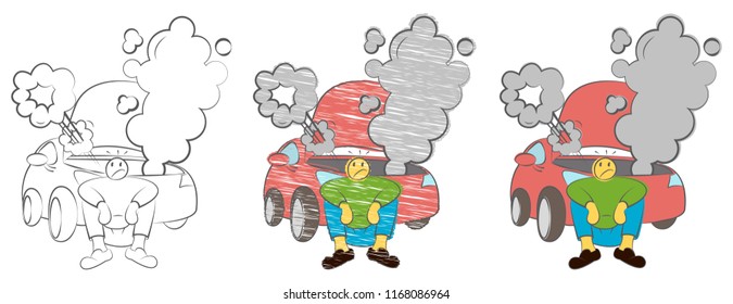 Tired man waiting a help while sitting near the broken car angry. Businessman sitting next to a damaged car. Stressed man sitting after a car breakdown. Hand drawn cartoon doodle vector illustration.
