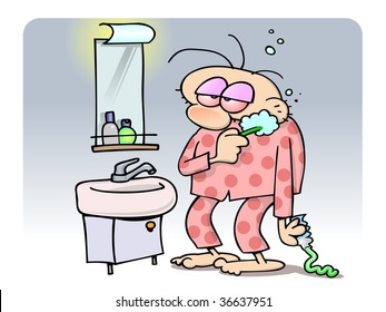 A tired man who needs a shave is brushing his teeth in a bathroom. He is holding a tube of toothpaste in his hand, with paste pouring on the floor.