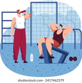 Tired man wiping sweat, woman doing sit-ups at gym. Exhausted athletes resting after workout vector illustration.