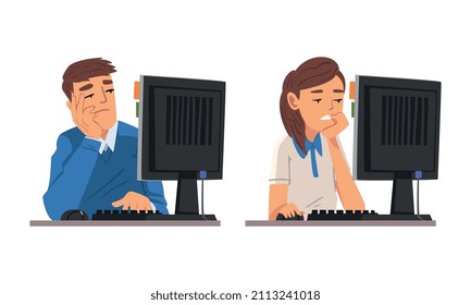 Tired Man and Woman in Front of Computer Screen Doing Work Routine in the Office Vector Set