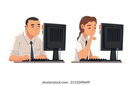 Tired Man and Woman in Front of Computer Screen Doing Work Routine in the Office Vector Set