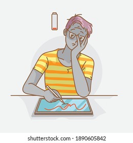 Tired man of work. Hand drawn style vector design illustrations.