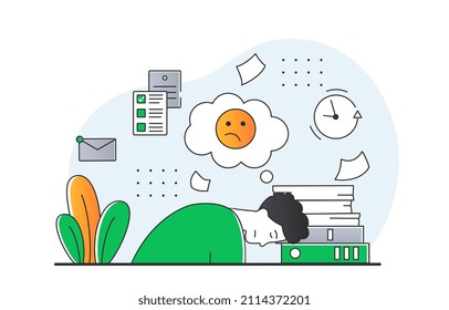 Tired man at work. Young man without strength lies on pile of books and folders with documents. Employee burned out emotionally. Stress and deadlines, low energy. Cartoon flat vector illustration