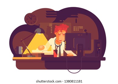 Tired Man Working In Night Office Vector Illustration. Wearied Boy Sitting At Workplace Late Flat Style Concept. Over Exhausted Worker Having Large Amount Of Work