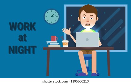 tired man working on the laptop. Eat noodles and coffee at night