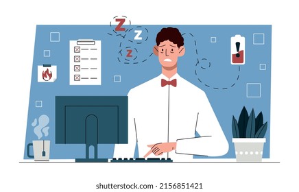 Tired man working. Young guy in panic at computer at night, employee trying to be in time for deadline. Emotional burnout and pressure, poor time management. Cartoon flat vector illustration