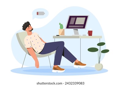 Tired man at workplace. Young guy sleep in office naer computer. Overworked manager or programmer. Mental burnout and fatigue. Worker with low energy. Cartoon flat vector illustration