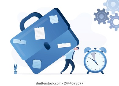 Tired manager carrying heavy briefcase with notes. Excessive workload, task overload, hard work. Male employee struggles to withstand workload that is too heavy. Deadline concept. vector illustration