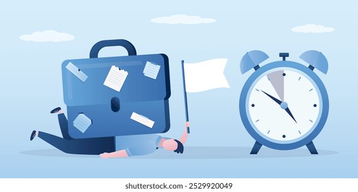 Tired manager lying under heavy briefcase with notes. Excessive workload, task overload, hard work. Male employee holds white flag, giving up. Alarm clock with deadline, concept. vector illustration