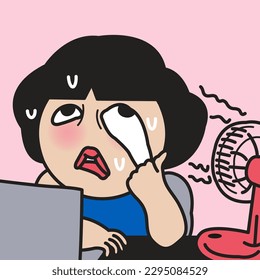 The Tired Melting Face Woman Officer Sitting  At Her Desk. Hot Summer Seasons Concept Card Character illustration