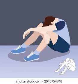 Tired men sitting and hugging he knees Vector illustration