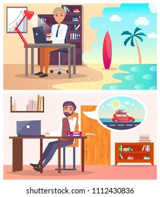 Tired men at work dream about travel abroad set. Office employees want to go for vacation instead of type on computer cartoon vector illustrations.