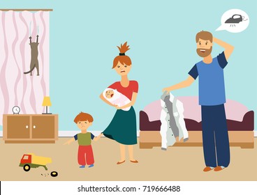 Tired mom with a baby in her arms, child broke toy, dad asks to pat his shirt. Mother in despair. Room interior background. Vector illustration. 