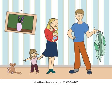 Tired mom with a baby in her arms, child broke toy, dad asks to pat his shirt. Mother in despair. Room interior background. Vector illustration. 