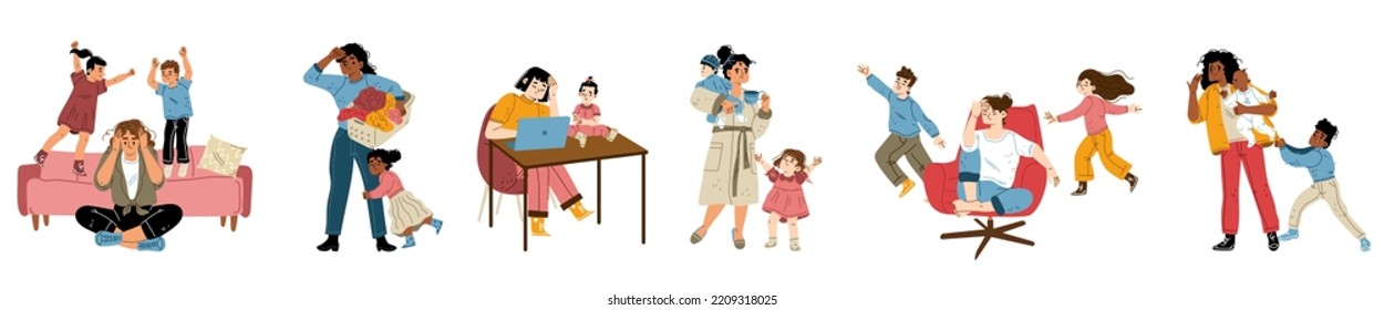 Tired Mom Burnout, Fatigue Mothers And Their Children Isolated Set. Stressed Exhausted Women With Naughty Kids Mess Around, Parenthood, Multitasking Concept, Cartoon Linear Flat Vector Illustration