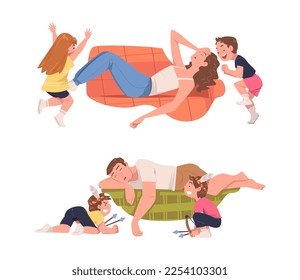 Tired Mom and Dad Exhausted with Noisy and Energetic Kids Playing Around Vector Set