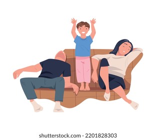 Tired Mom And Dad On Sofa Exhausted With Noisy And Energetic Son Playing Around Vector Illustration