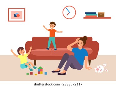 Tired mom exhausts with playful kids in flat design.