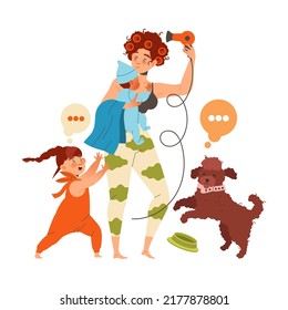 Tired Mom Holding Baby and Drying Hair with Jumping Dog and Daughter Around Feeling Stress and Exhaustion of Noisy and Naughty Kid Vector Illustration