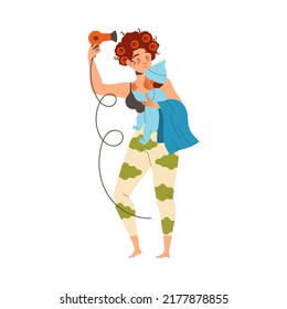 Tired Mom Holding Baby And Drying Hair Feeling Stress And Exhaustion Of Noisy Kid Vector Illustration