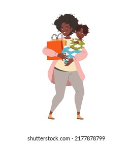 Tired Mom Holding Baby and Shopping Bag with Arms Feeling Stress and Exhaustion of Multitasking Vector Illustration