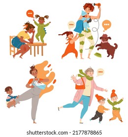 Tired Mom with Kids Feeling Stress and Exhaustion of Noisy and Naughty Toddler Vector Set