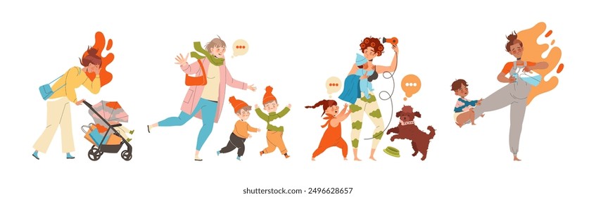 Tired Mom with Kids Feeling Stress and Exhaustion of Noisy and Naughty Toddler Vector Set