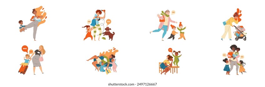 Tired Mom with Kids Feeling Stress and Exhaustion of Noisy and Naughty Toddler Vector Set