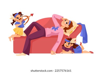 Tired Mom Lying on Sofa and Naughty Capricious Daughter Playing Around Vector Illustration