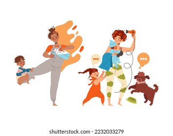 Tired Mom with Naughty Kid Feeling Stress and Exhaustion of Multitasking Vector Set