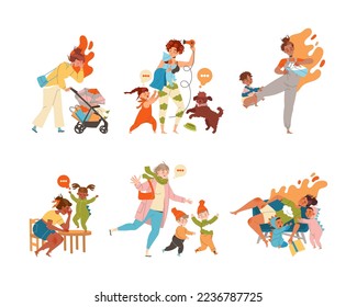 Tired Mom with Naughty Kid Feeling Stress and Exhaustion of Multitasking Vector Set