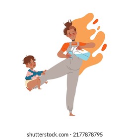 Tired Mom Pouring Milk with Little Son on Her Leg Feeling Stress and Exhaustion of Noisy and Naughty Kid Vector Illustration