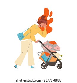 Tired Mom Pushing Baby Stroller With Shopping Bags Feeling Stress And Exhaustion Of Multitasking Vector Illustration