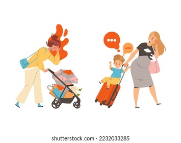 Tired Mom Pushing Baby Stroller with Shopping Bags and Suitcase Feeling Stress and Exhaustion of Multitasking Vector Set