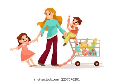 Tired Mom with Shopping Cart and Naughty Capricious Daughter Pulling Her Hand Vector Illustration