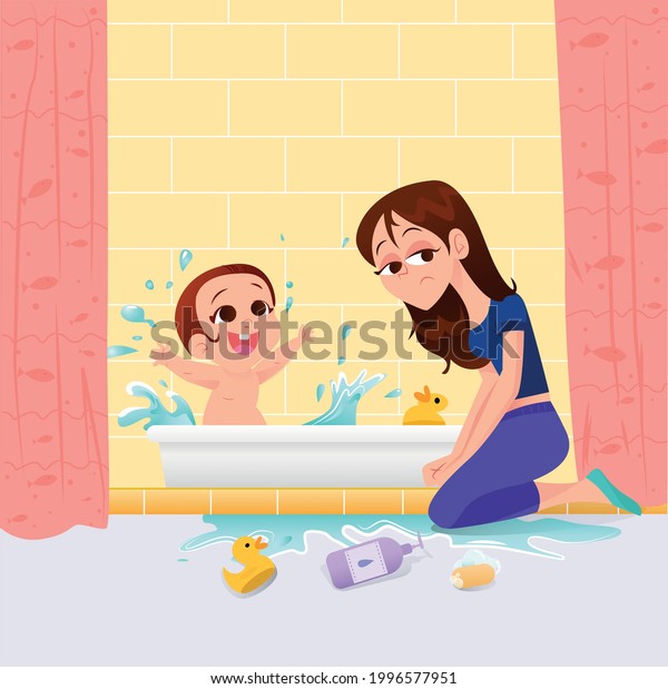 Tired mom in\
the shower bathing a restless\
baby