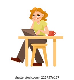 Tired Mom Sitting at Laptop at Desk Working with Frown Face Vector Illustration