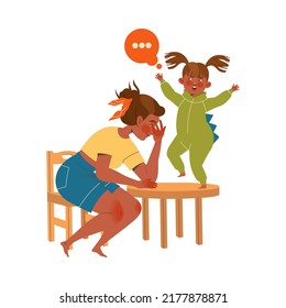 Tired Mom Sitting On Chair With Little Daughter Jumping On Table Feeling Stress And Exhaustion Of Noisy And Naughty Kid Vector Illustration