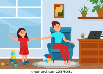 Tired mom sitting on sofa, her daughter wanting to play with her. Active naughty girl with tired mother. Hyperactive kid, family relations cartoon vector