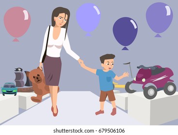 tired mom with toddler at toy store - funny cartoon vector illustration